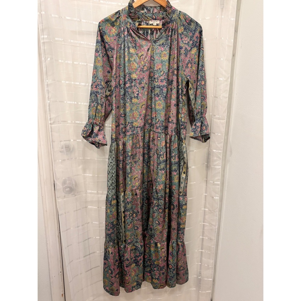 Paani Womens Floral Paisley Tiered Midi Dress Multicolor Ruffle Neck Size M